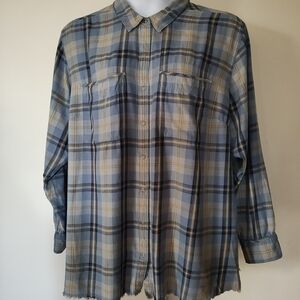 Eddie Bauer Women's Snap Front Fremont Flannel Shirt 3x Frayed Hem Blue